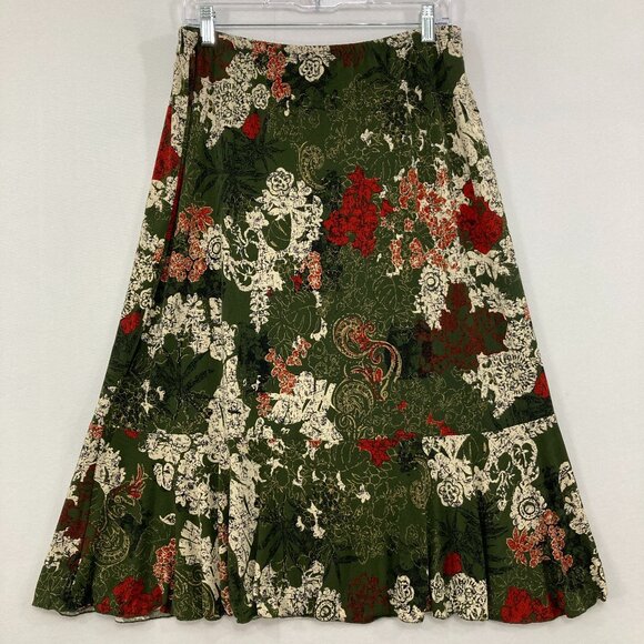 Susan Lawrence Large Green Red Floral Abstract Stretch Tiered Pull-on Skirt - Picture 1 of 7